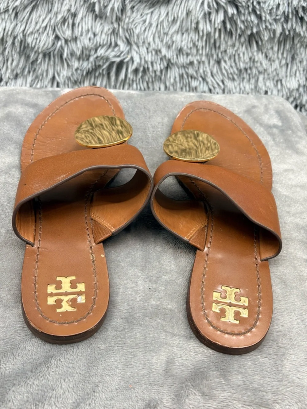 Tory Burch Sandals Womens 7 Patos Disk Brown Leather Slip On Thong